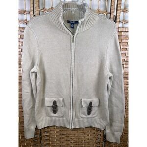 Chaps Sweater Womens Petite XL Brown Cardigan Zip Up Buckle Equestrian Preppy